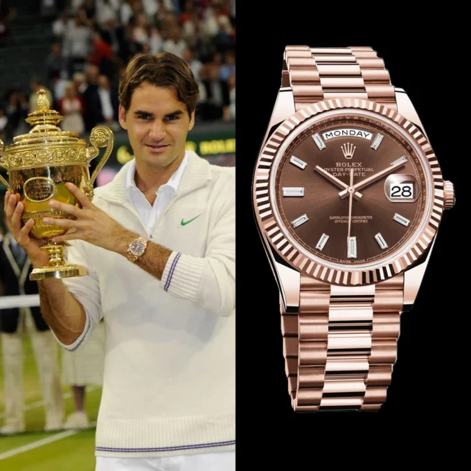 Roger Federer trên tay chiếc Rolex Day-Date